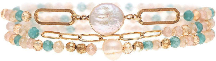Aqua & Freshwater Pearl Gold Link 3 Piece Bracelet Set