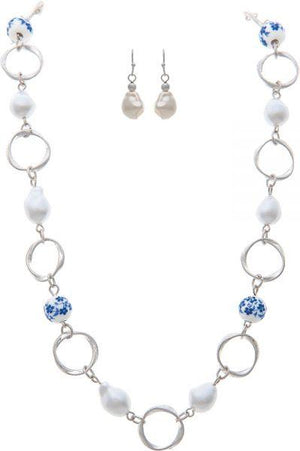 Blue & White Beads With Pearls Necklace Set
