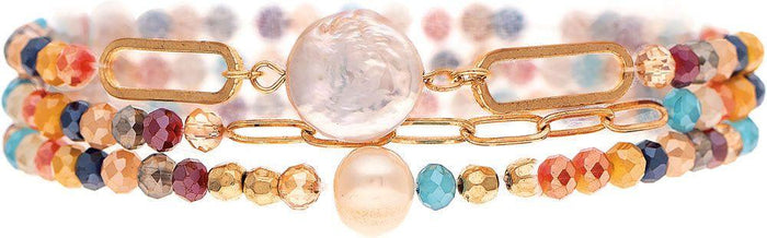 Multicolor Gold & Pearls 3 Piece Bracelet Set