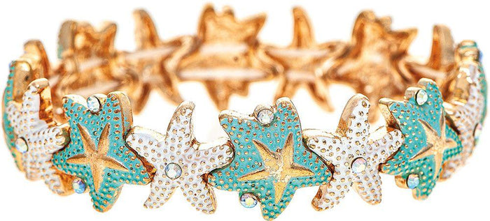 Seafoam & White Starfish with Crystals Gold Metal Bracelet